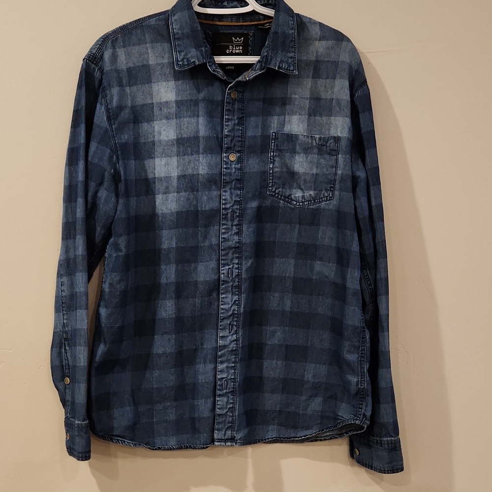 Blue Crown Blue Plaid Cotton Men's L Long Sleeve Button-Up Shirt